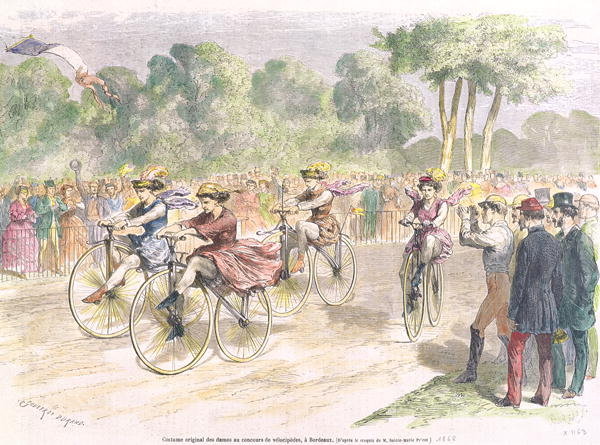 Die erste bekannte Abbildung eines Frauenradrennens. Bordeaux 1868. © gemeinfrei