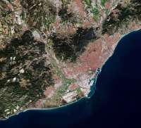 Die Hauptperson des Romans reist von Frankfurt aus durch die halbe Welt und landet schließlich in Barcelona. © Satellitenbild von Copernicus 2, 2017.