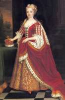 Caroline von Brandenburg-Ansbach, Kronprinzessin von England und Irland,  ließ ihre Kinder mit dem Pockenvirus infizieren, um sie zu schützen. Das Bildnis von 1683 zeigt sie als künigin von england. 