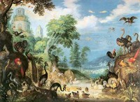 Roelant Savery: Landschaft mit Vögeln (1628).  Der Dodo  steht rechts unten. © lizenzfrei