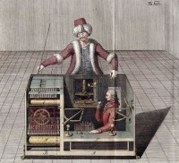 Der Schachtürke: Kupferstich von Joseph Friedrich zu Racknitz (1789), der erklärt, wie „der Türke“ von Kempelens funktioniert. © Humboldt Universität, Berlin / wikipedia /  gemeinfrei.