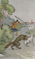 Der Wolf frisst schließlich die Schafe, weil dem Buben niemand mehr glaubt. Buchillustration von Milo Winter. © wikipedia, free license