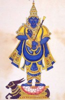 Der Totengott Yama mit seinem Stab (Danda). Zeichen der Macht, Stütze und auch zur Strafe benutzt. © wikiepedia.
