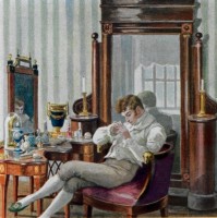 Onegin im Ankleidezimmer, gelangweilt vom Leben. Buchillustration. © wikipedia, free license